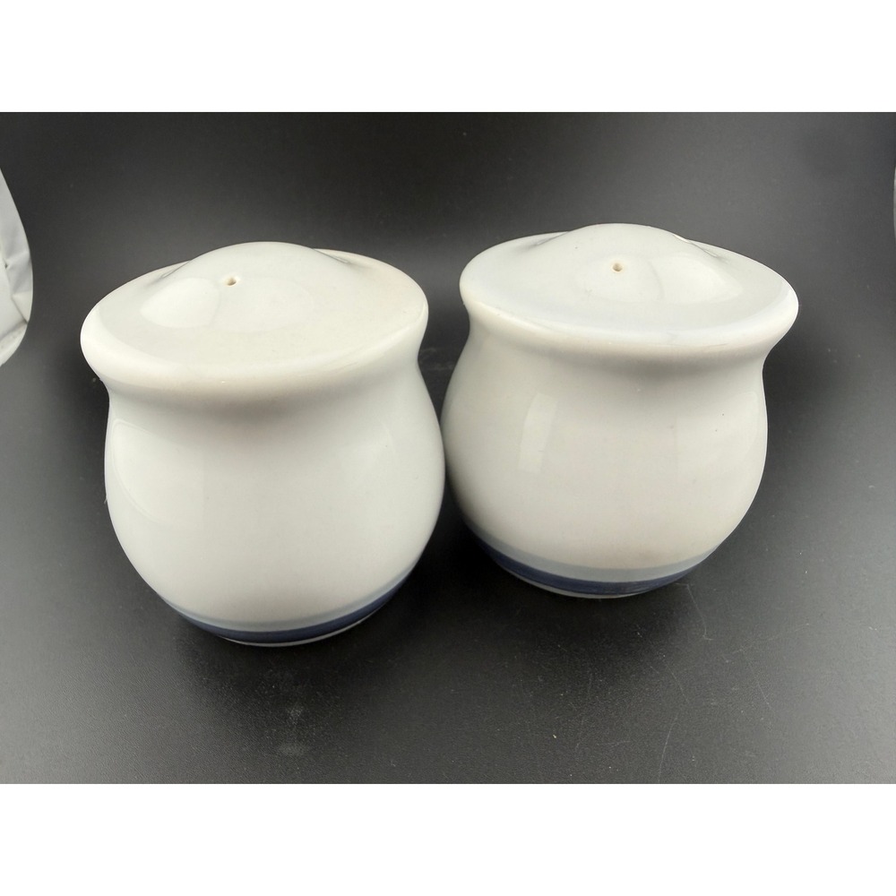 Blue Banded White Stoneware Salt and Pepper Shakers Set Vintage Farmhouse Style